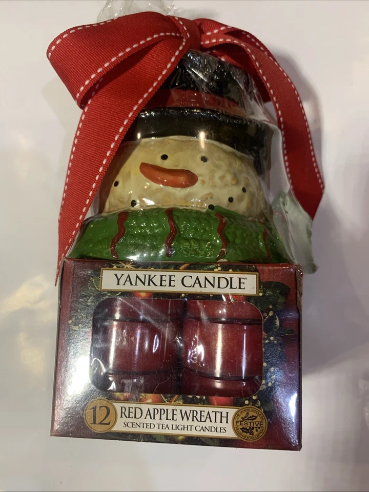 Yankee Candle Red Apple Wreath Tea Light Candles Box of 12 w/Snowman Holder NEW - Image 1 of 1
