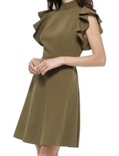 Tommy Hilfiger Women's Fit & Flare Woven Flutter Sleeve Mock Neck Dress Sz 10