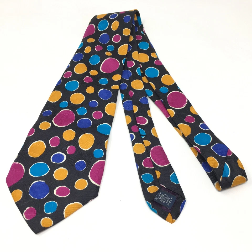Paul Fredrick 宽领带黑色橙色蓝色紫色圆圈几何图案 100% 真丝美国 — 第 3/4 张图片