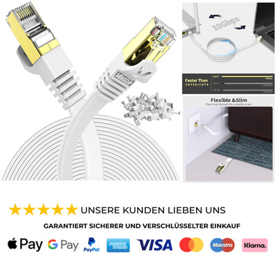 Cat7 Lan Kabel 10 Meter Flach Weiß Vergoldet RJ45