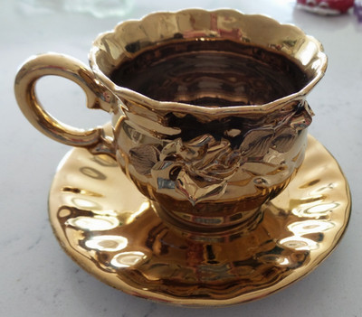 Vintage Gold Rose Tea Cup and Saucer GDR 18kt. Gold Over Porcelain