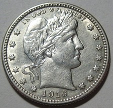= 1916 AU+ BARBER Quarter, Nice Details & Luster, FREE Shipping