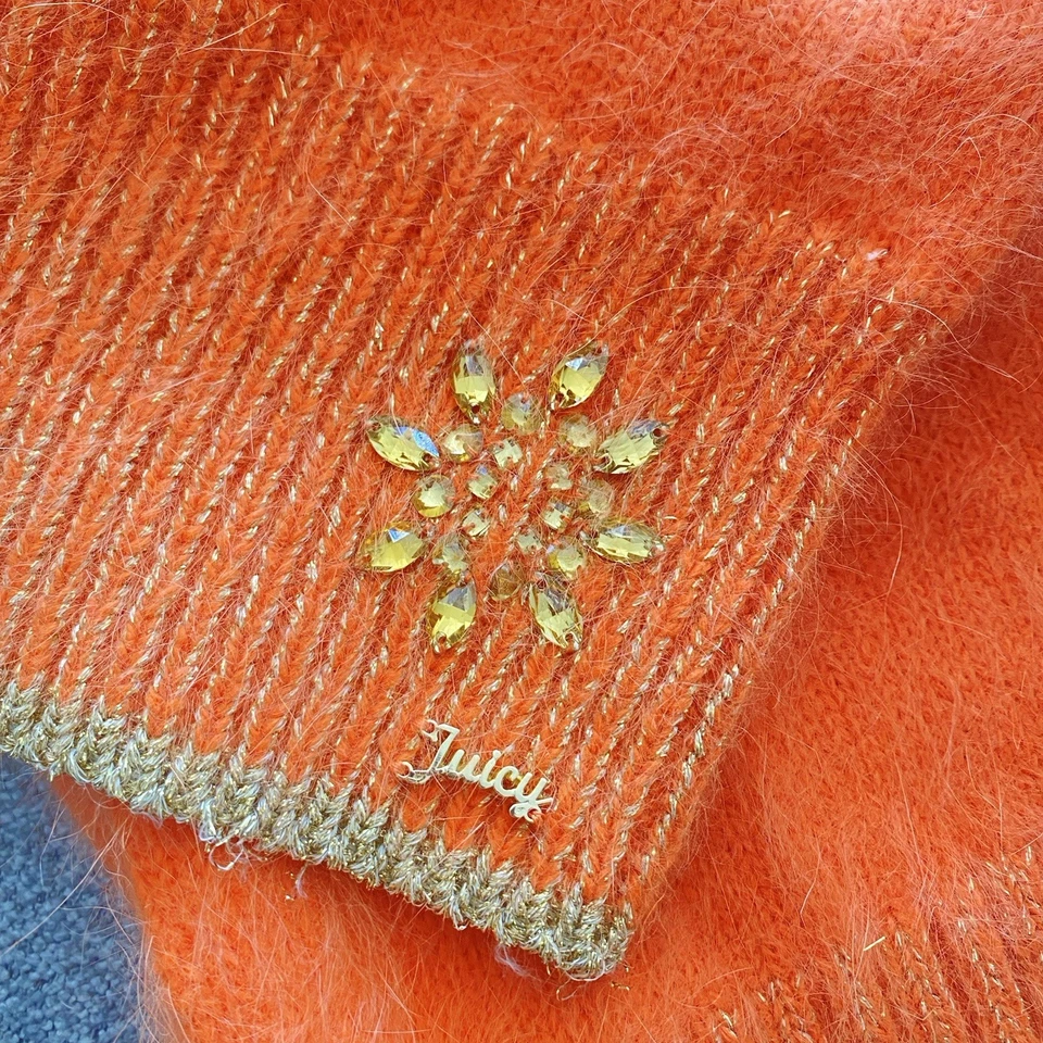 Juicy Couture Gorro Bufanda Lote de 2 Naranja Cachemira Suave Borde Dorado Estrás Foto 3 de 4