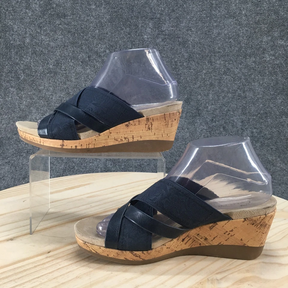 Wear Ever Sandals Womens 8.5 M Goldy Slip On Cork Wedge Slide Blue Fabric Casual - Image 2 of 4
