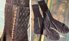 VTG NEW NWOT SILKY SHEER NYLON PAIR SOCKS MEN'S DARK BROWN SOCKS YELLOW FLOWERS
