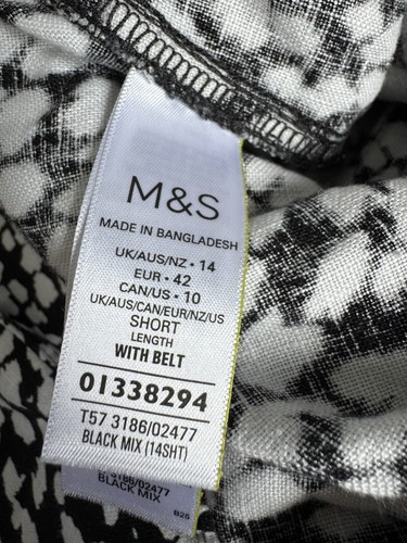 M&S BLACK/WHITE PATTERNED 100% LINEN ELATIC WAIST/BELTED TROUSERS SIZE 14S VGC - Picture 3 of 11