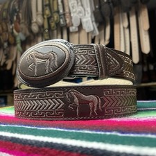 Brown Embroidered Leather Belt. Horse Western Cowboy Belt. Cinto Vaquero De Piel