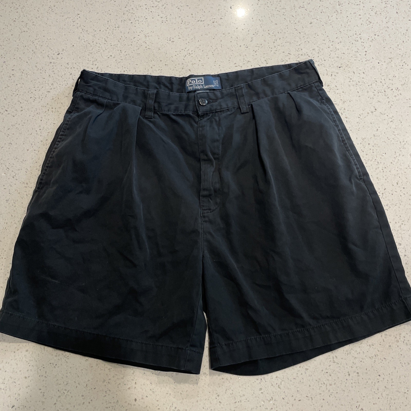 VTG Polo Ralph Lauren Andrew Shorts Mens 34 Blue Black Pleated Chino 90s Y2K