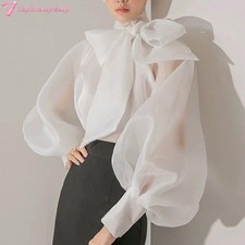 Women's Organza Bow Lace Puff Sleeve Tops Shirt Blouse See-through Gown Pullover