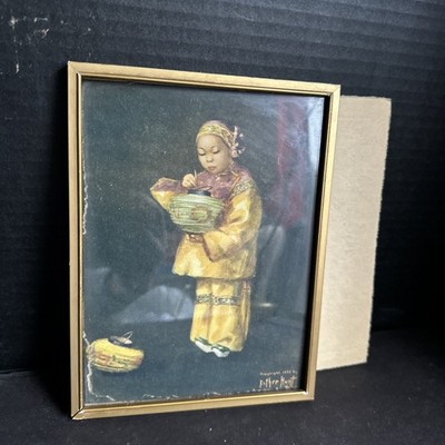 Ant.Esther Hunt Framed Print 1903 Asian Child Art Picture Gold Tone Frame #M20