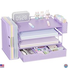 Purple Wood Desk Organizer Set with 4-Tier File Holder, Drawer  Pen Holder