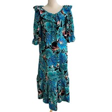 Hilo Hattie Hawaiian Maxi Dress Turquoise Blue Floral Print Ruffle Sleeve Size S