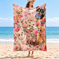 Dogs Pink Flowers Bows Hearts Coral Fleece Blanket Dog Lover Gift