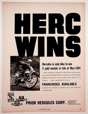 1966 Hercules Motorcycle Ad Isle of Man ISDT Sachs Engine Scrambler Bike