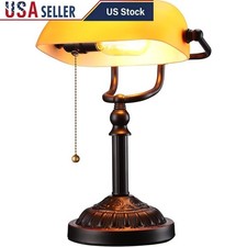 Vintage Banker Desk Lamp W/ Amber Glass Shade Rotatable Lighting UL Listed New