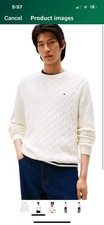 Tommy Hilfiger Crew Neck Cable Knit 100 Cotton Sweater Ivory Men's Size Med NEW