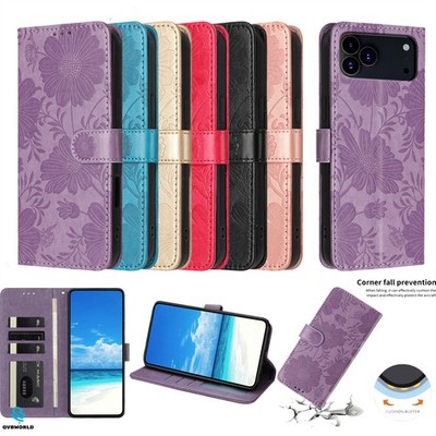 Handyhülle für iPhone 17 16 15 14 13 12 Blumenprägung Flip Wallet Case