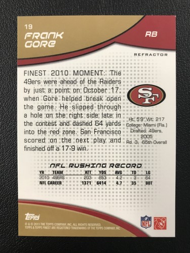 2011 Topps Finest #19 Frank Gore San Francisco 49ers Blue Refractors /99 - Picture 2 of 2