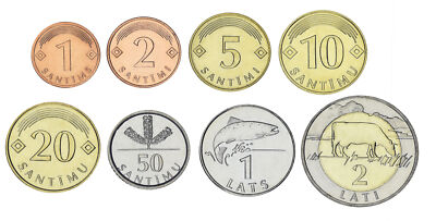 Latvia 8 coin set 2008-2009 UNC 1, 2, 5, 10, 20, 50 santims, 1, 2
