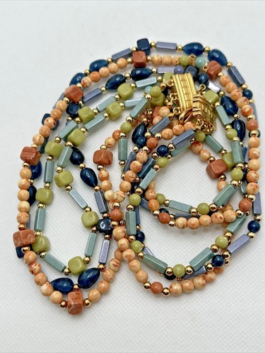 LIZ CLAIBORNE Multi Strand Beaded Necklace Blue Green Orange Statement 34" - Picture 9 of 9