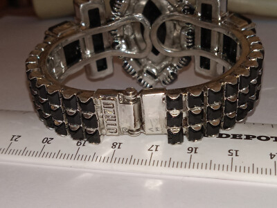 RODRIGO OTAZU RUNWAY SILVERTONE BLACK RHINESTONE CLAMPER BRACELET