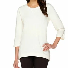 Denim & Co. Size 1X Natural 3/4 Sleeve Knit Top with Hi-Low Hem