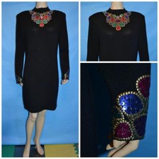 ST JOHN Evening Knits Black Dress L 10 12 Sheath Sleeved Multi-Color Paillettes