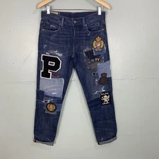 Polo Ralph Lauren Patchwork Crest Collegiate Distressed Jeans Sz 24 Blue