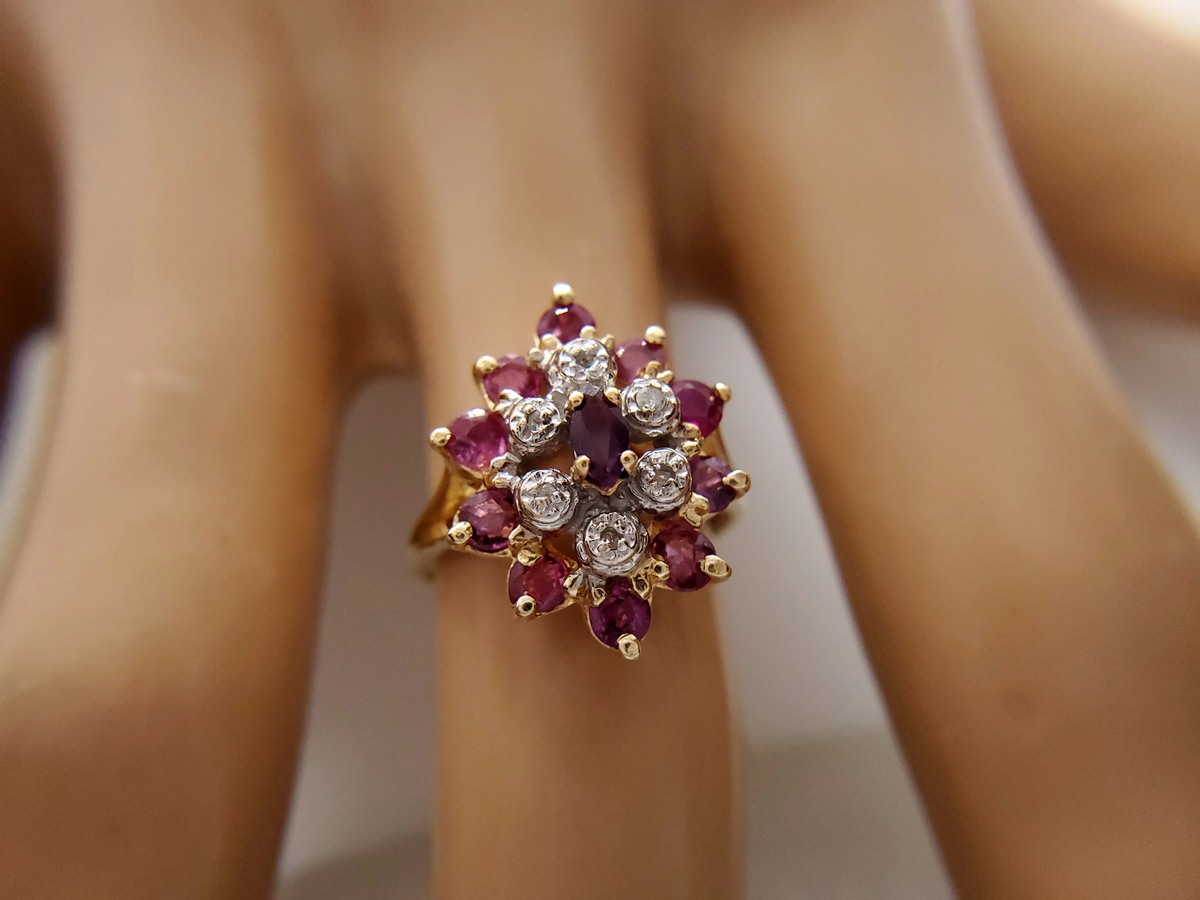 10k Yellow Gold Marquise Round Ruby Diamond Cocktail Ring CT
