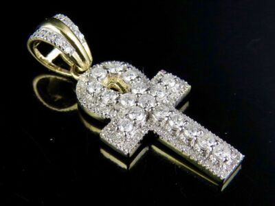 10K Yellow Gold 3D Egyptian Ankh Cross Real Diamond Pendant Charm 3/4 Ct 1.25''
