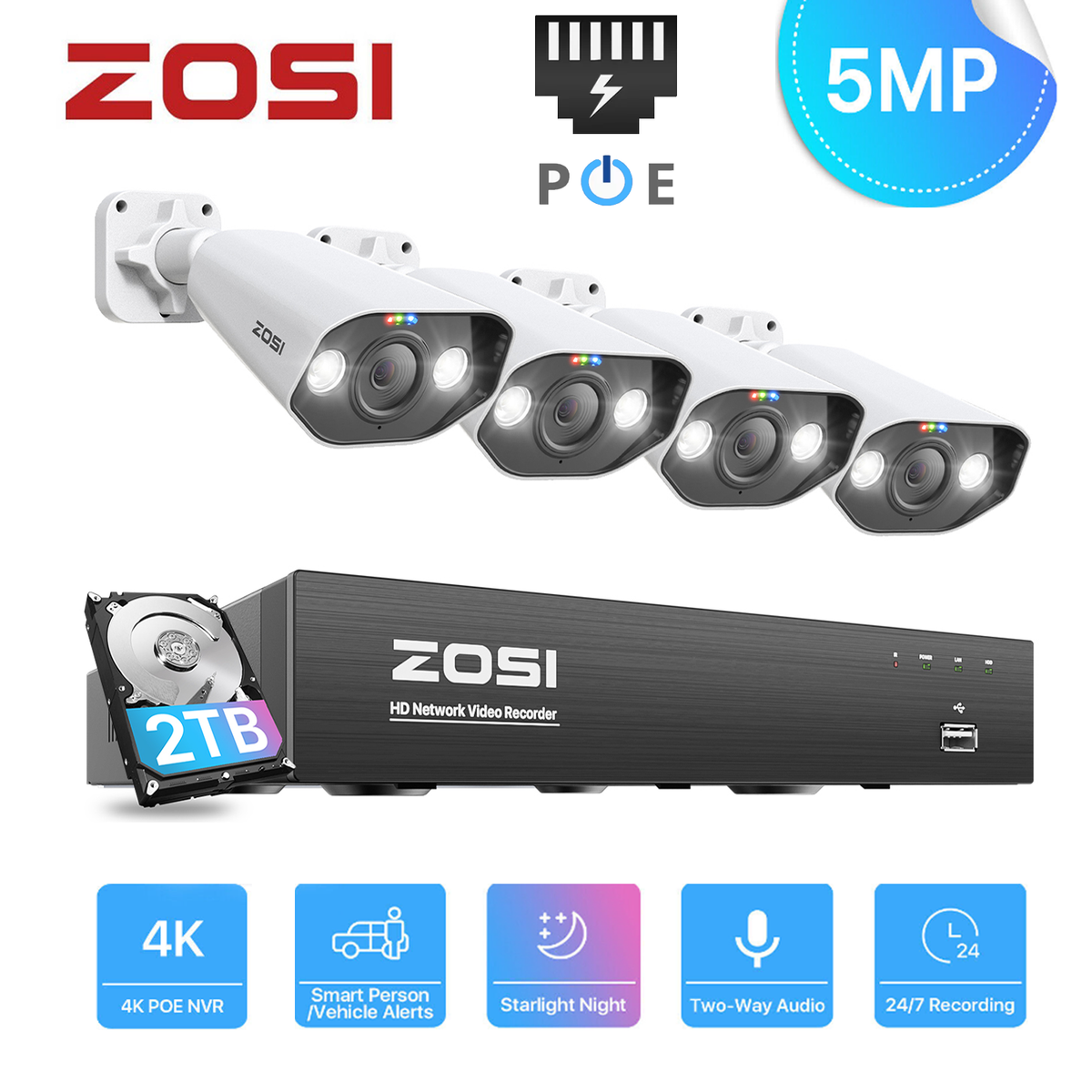 ZOSI PoE CCTV System 5MP Security Camera 4K NVR 2TB Color Night