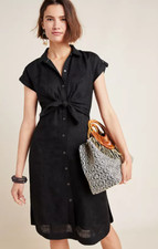by Anthropologie Kamryn Tie Front Shirtdress Size 8 Black Linen Blend