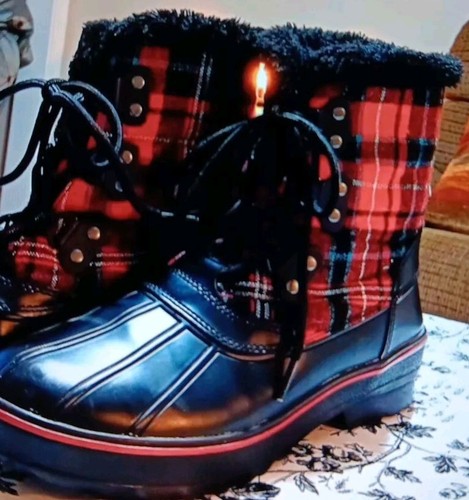 Bass Womens Red Plaid Skeeter Winter Faux Fur Lace Up Duck Boots Lined 10M - Picture 6 of 14