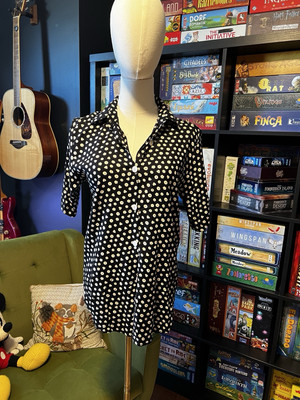 Vintage CLIO Black Blouse Button Print Collared Small Crafty Coraline