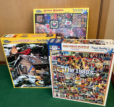 3 White Mtn 1000 Pc Puzzles- 1980s, Granny Squares, Log Cabin Birdhouse COMPLETE