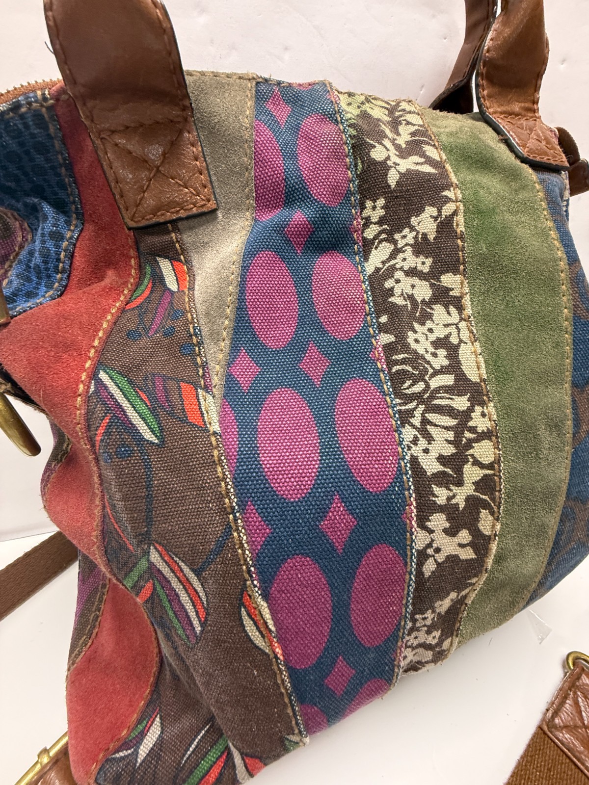 Fossil Patchwork Shoulder Bag Boho Leather Canvas… - image 4