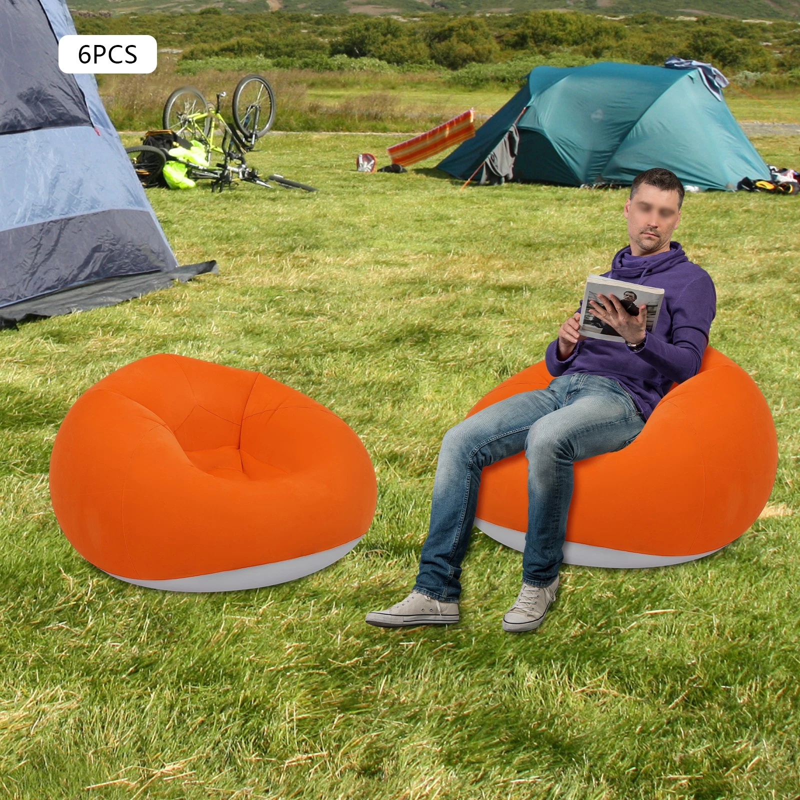 6 Pcs Inflatable Chairs Inflatable Sofa, Portable Inflatable Couch Orange