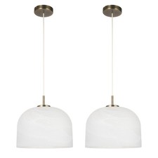 Set of  2 Antique Brass Ceiling Pendant Lights Alabaster Kitchen Dining Lighting