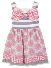 Rare Editions Coral Gray Blue Floral Bow Lace Dress 6 6X