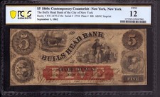 1862 $5 BULL'S HEAD BANK NEW YORK CONTEMPORARY CTFT OBSOLETE NOTE PCGS B FINE 12