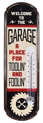 Toolin' and Foolin' Vintage Garage Thermometer Sign with Embossed Edge Garage
