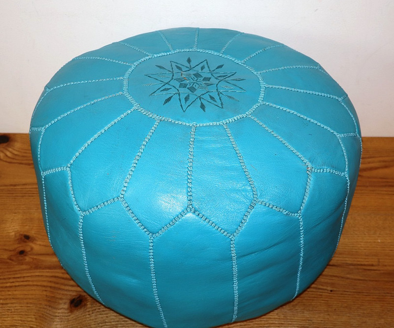 Vintage Turqouise Blue Leather Pouf Foot Stool Ottoman 20"x 13" Round Moroccan