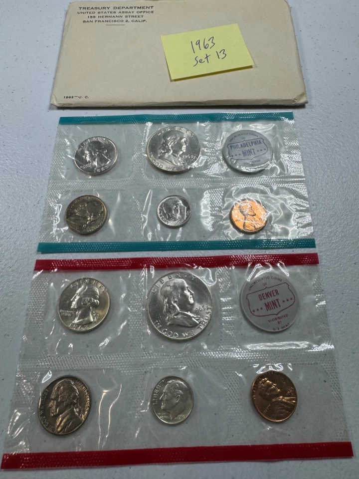(1) 1963  US MINT SILVER P & D Set,  in all OGP,  w/ 90%  SILVER COINS,   SET 13 - Image 2 of 4