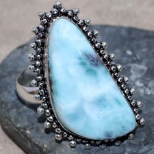 925 Silver Plated Larimar Ring US 10 Handmade Gift GW