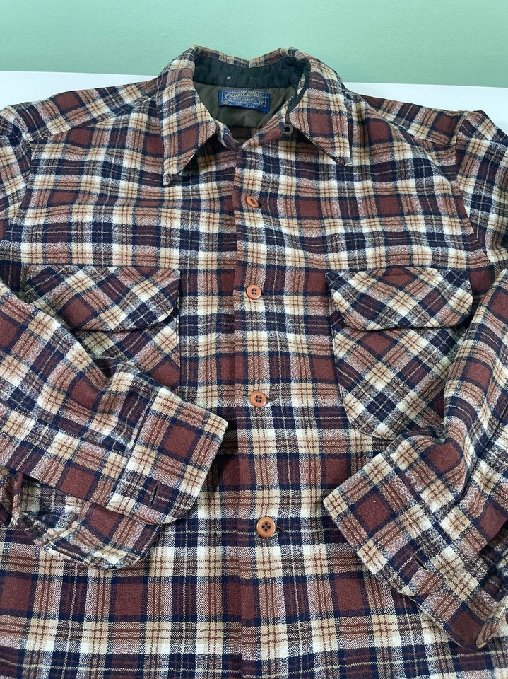 Vintage 60s Pendleton Board Shirt Men Large Wool Brown Plaid Loop Collar - Image 3 of 4