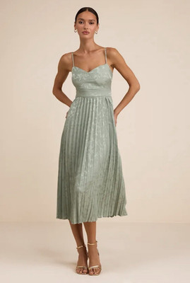 Green Regal Romance Sage Floral Jacquard Pleated Satin Midi Dress | Womens | Medium (Available in XS, S, L, XL) | 100% Polyester