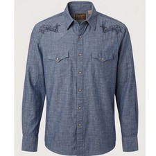 Wrangler Retro Mens XL Blue Embroidered Western Pearl Snap Shirt - AC