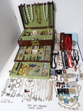 HUGE Lot Vtg Costume & 182 Gr Sterling Silver Jewelry Lot & Chinese Wood Box