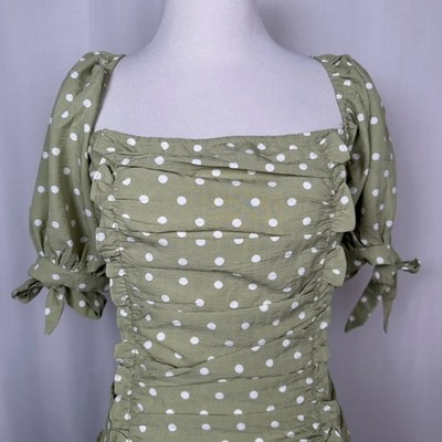 Lumiere Polka Dot Ruched Mini Dress Large Green Cottagecore Coquette Puff  Sleeve | eBay