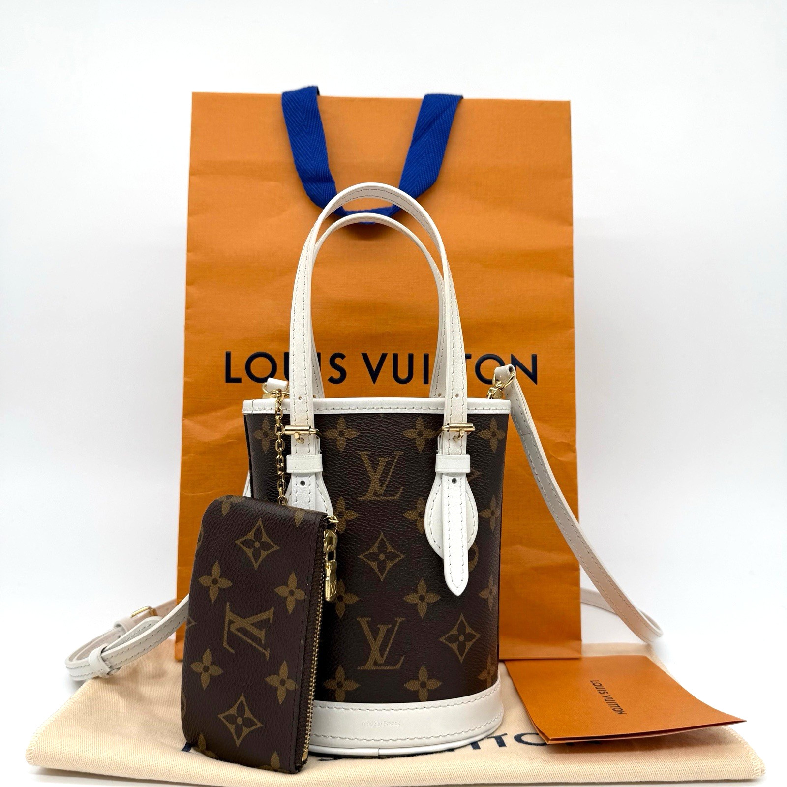 Louis Vuitton Monogram Nano Bucket Bag White Trim Leather Gold Hardware